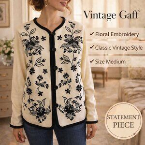 Gaff Vintage Jacket Button Front Embroidered Floral Cream Black Classic Evening